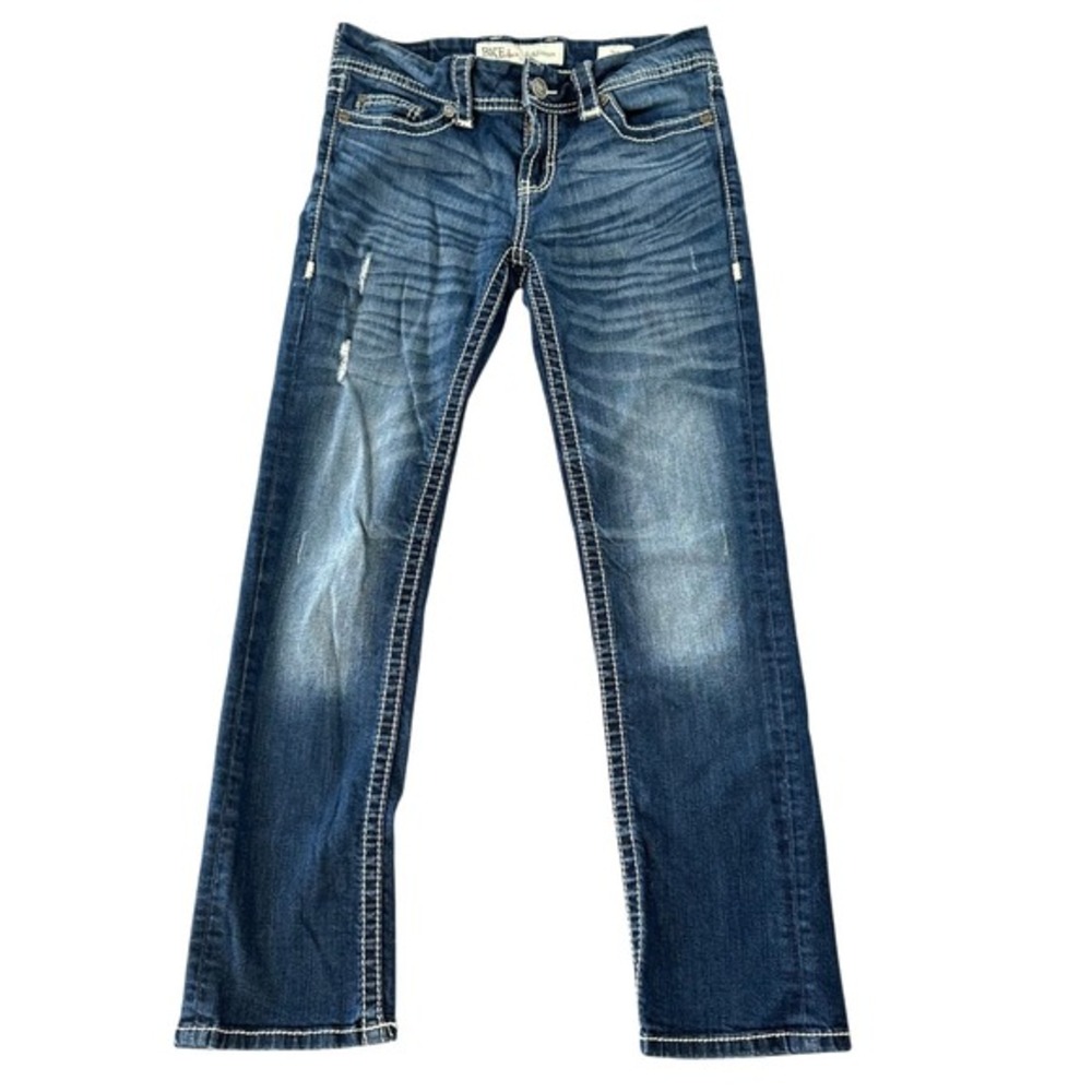 BKE Addison Crop Jeans Womens 27 Dark Wash Distressed Low Rise‎ White Stitching